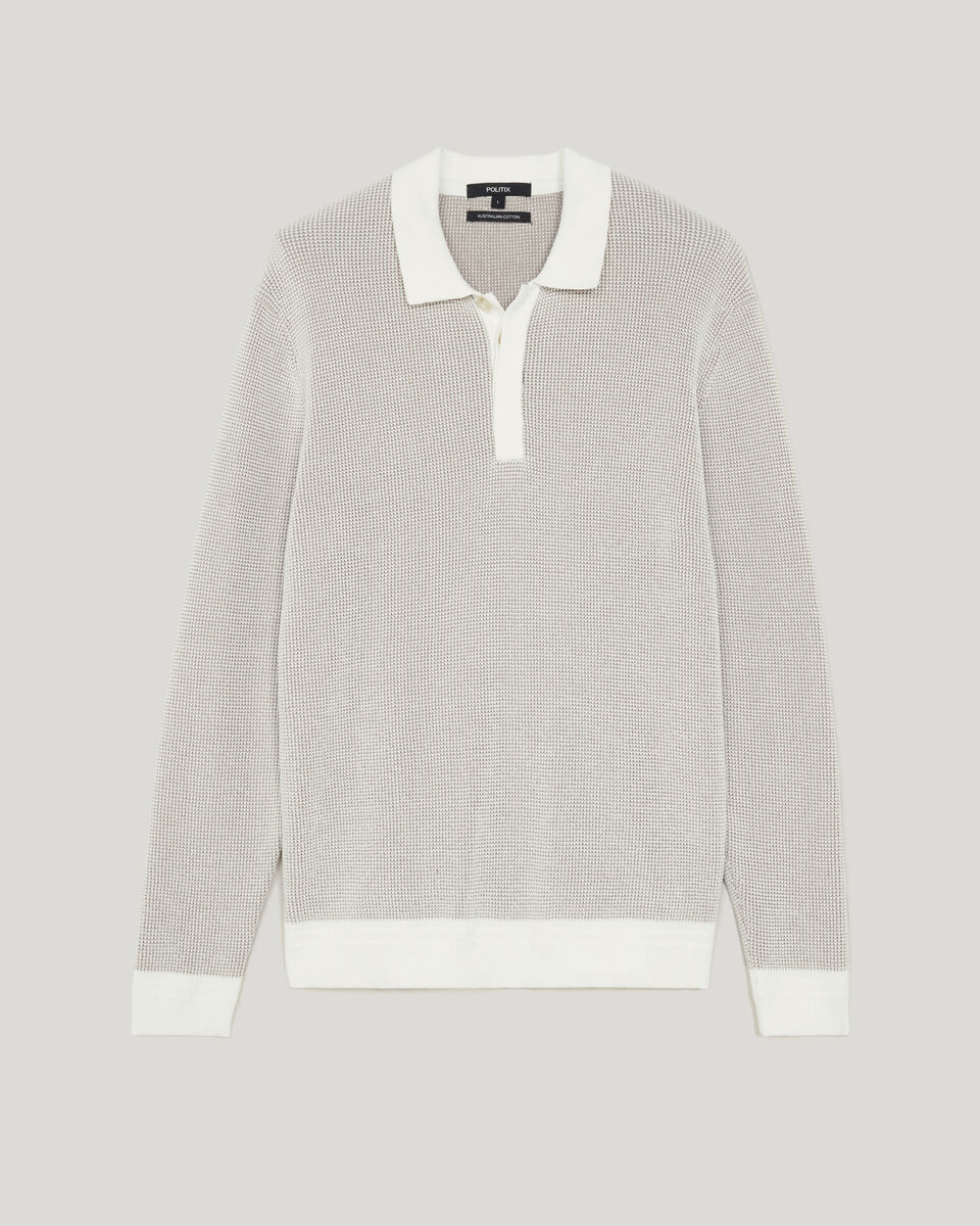 Two-Toned Long Sleeve Knit Polo, Bone, hi-res